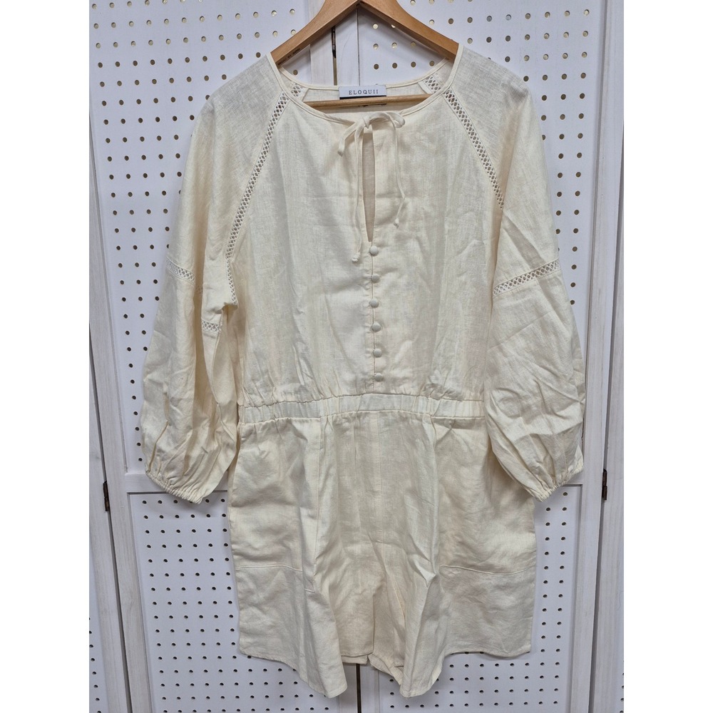 Eloquii Elements Cream Linen Blend Lace Trim Long Sleeve Romper Women's 14/16